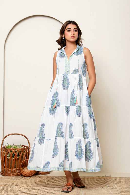 White & Blue Paisley Hand Block Printed Sleeveless Cotton Maxi Dress – Bohemian Summer Dress with Tassel Ties & Pockets