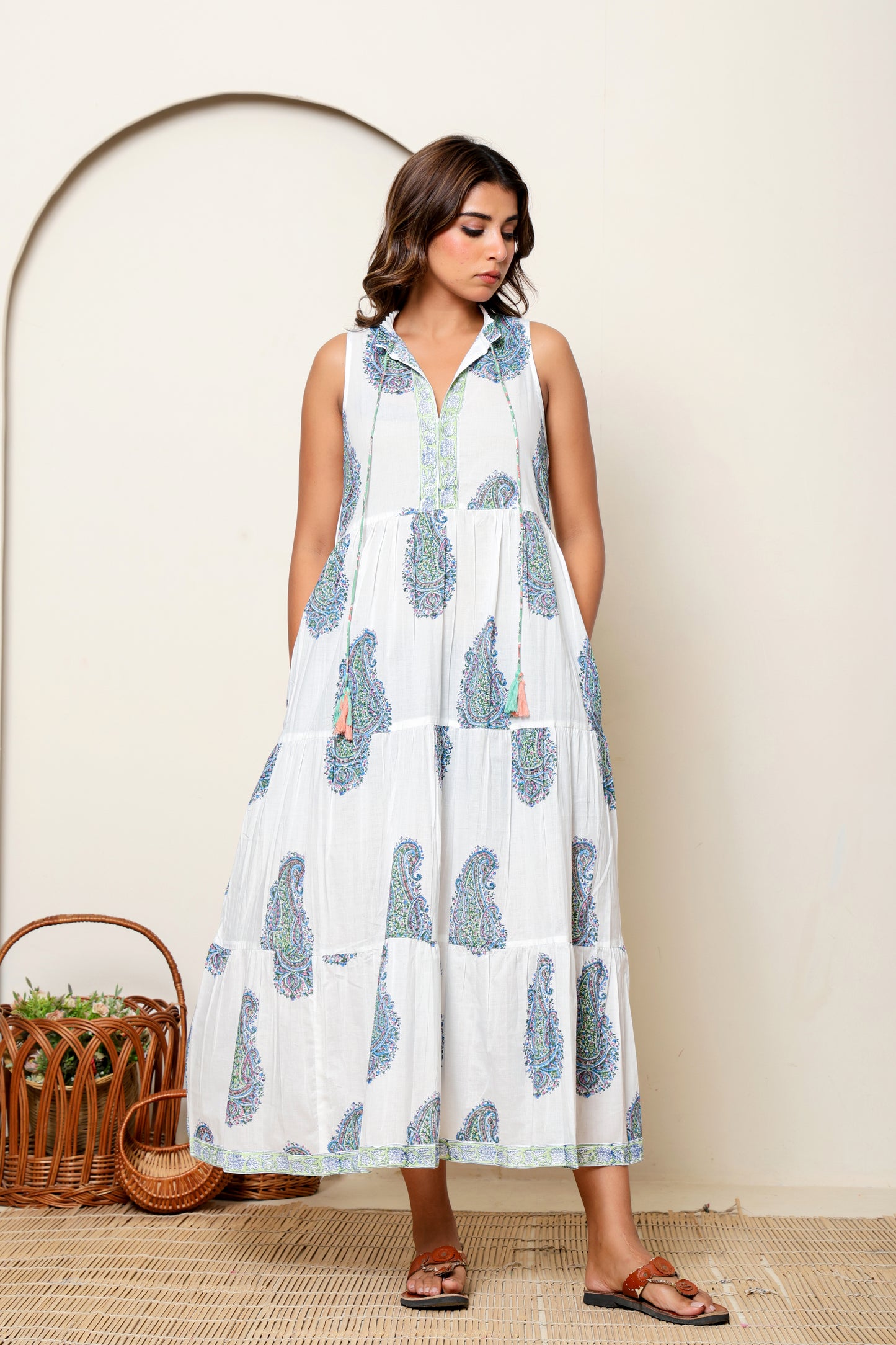 White & Blue Paisley Hand Block Printed Sleeveless Cotton Maxi Dress – Bohemian Summer Dress with Tassel Ties & Pockets