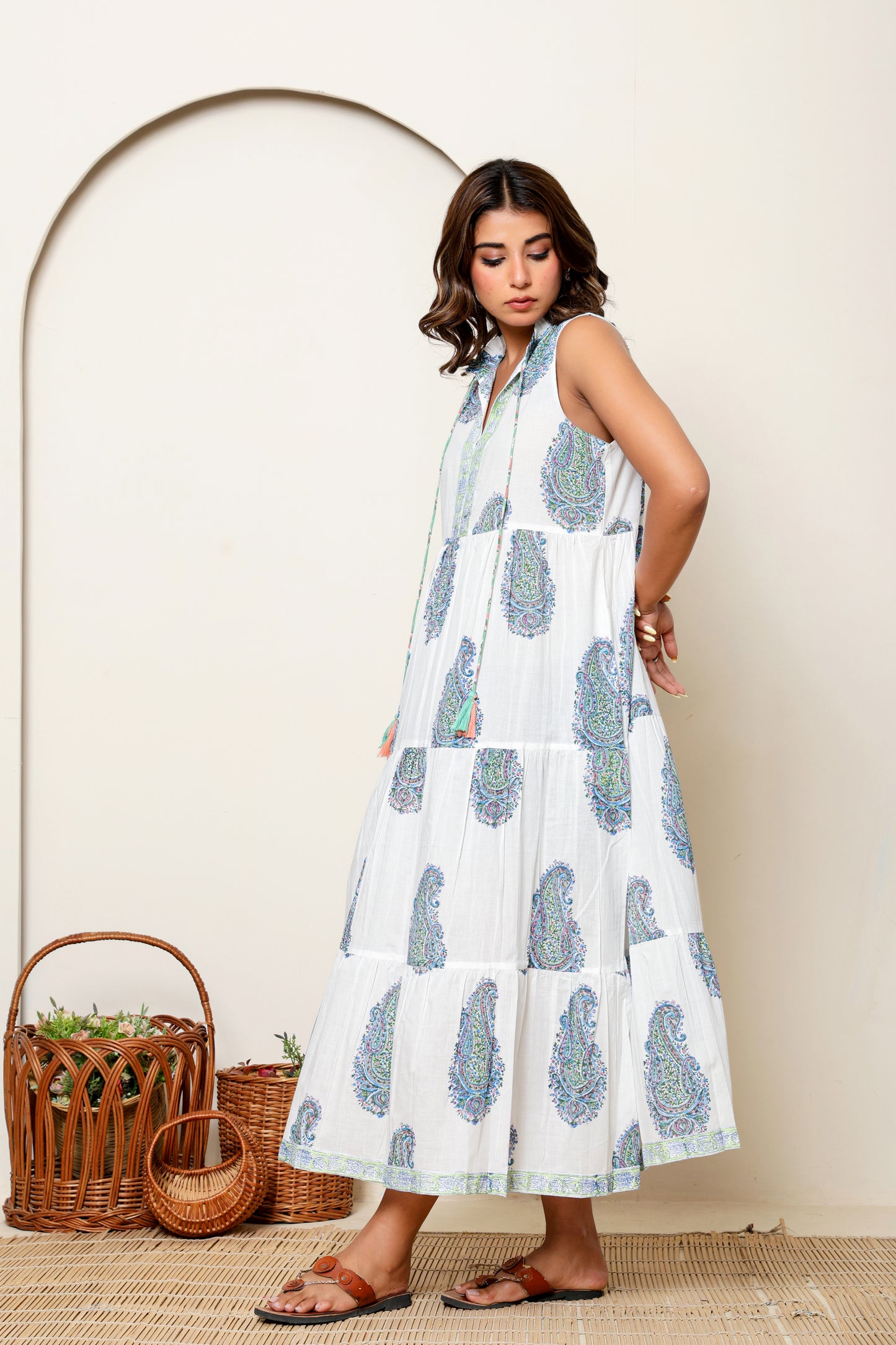 White & Blue Paisley Hand Block Printed Sleeveless Cotton Maxi Dress – Bohemian Summer Dress with Tassel Ties & Pockets