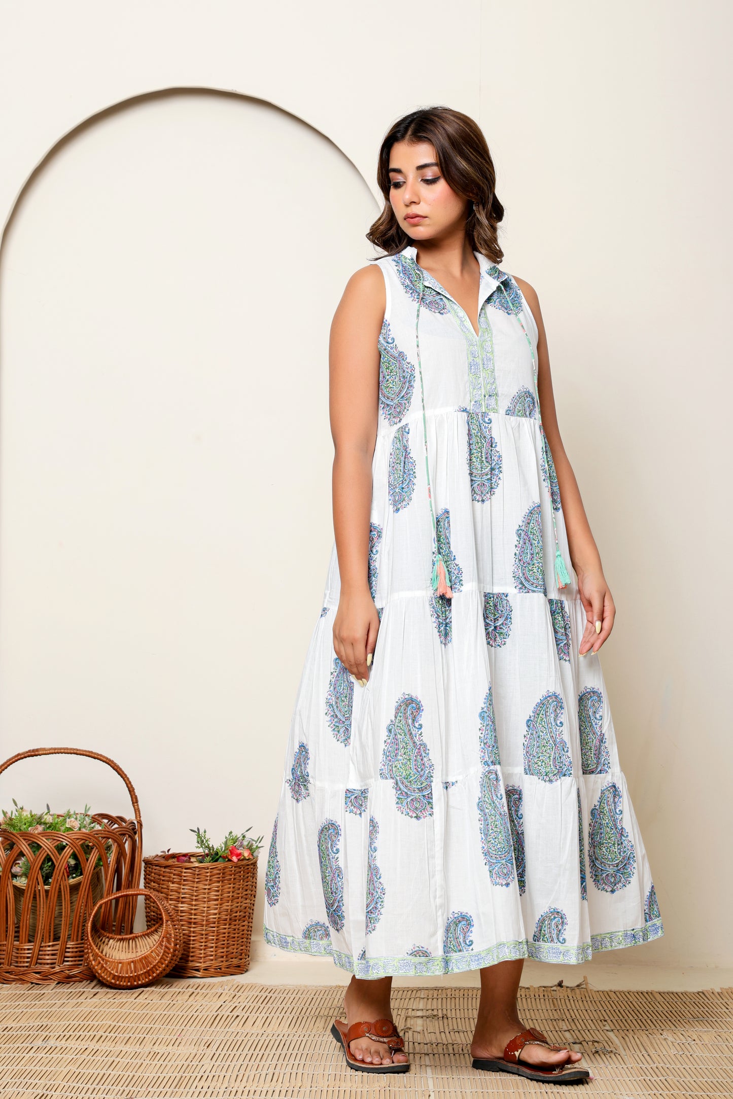 White & Blue Paisley Hand Block Printed Sleeveless Cotton Maxi Dress – Bohemian Summer Dress with Tassel Ties & Pockets