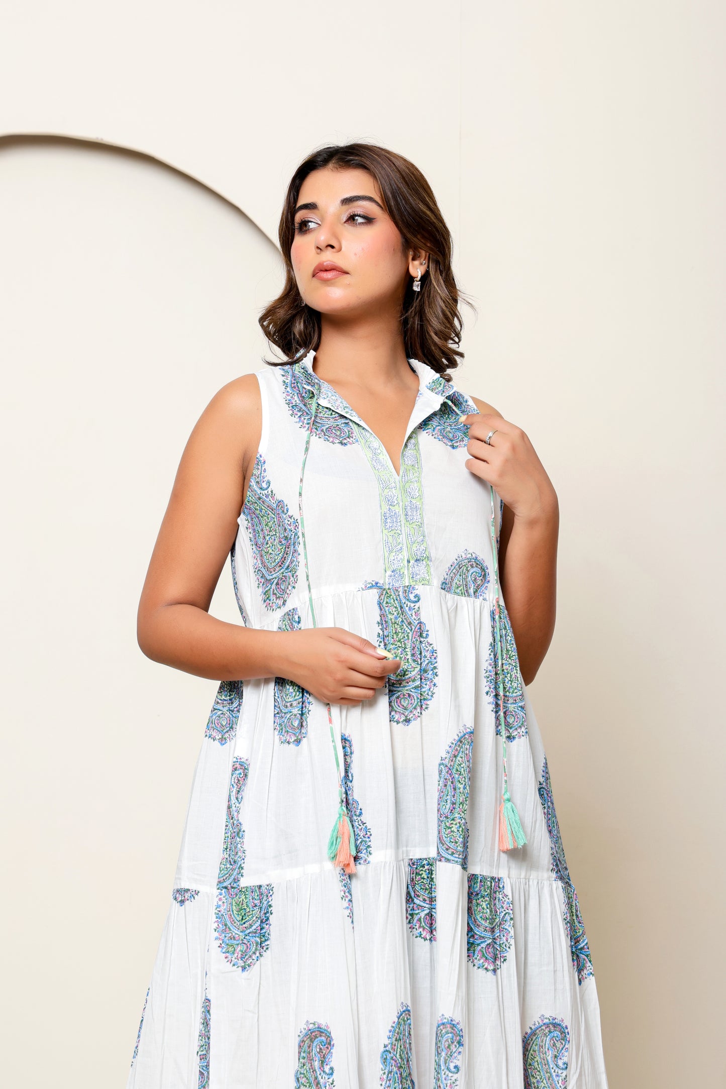 White & Blue Paisley Hand Block Printed Sleeveless Cotton Maxi Dress – Bohemian Summer Dress with Tassel Ties & Pockets