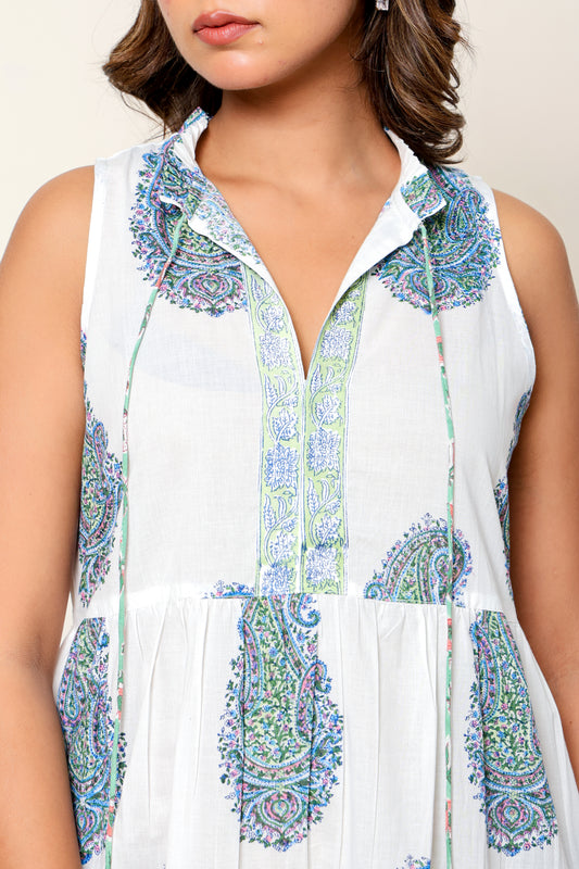 White & Blue Paisley Hand Block Printed Sleeveless Cotton Maxi Dress – Bohemian Summer Dress with Tassel Ties & Pockets