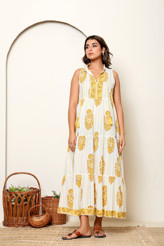 Yellow Floral Hand Block Printed Sleeveless Cotton Maxi Dress – Bohemian Summer Dress with Tiered Design & Pockets