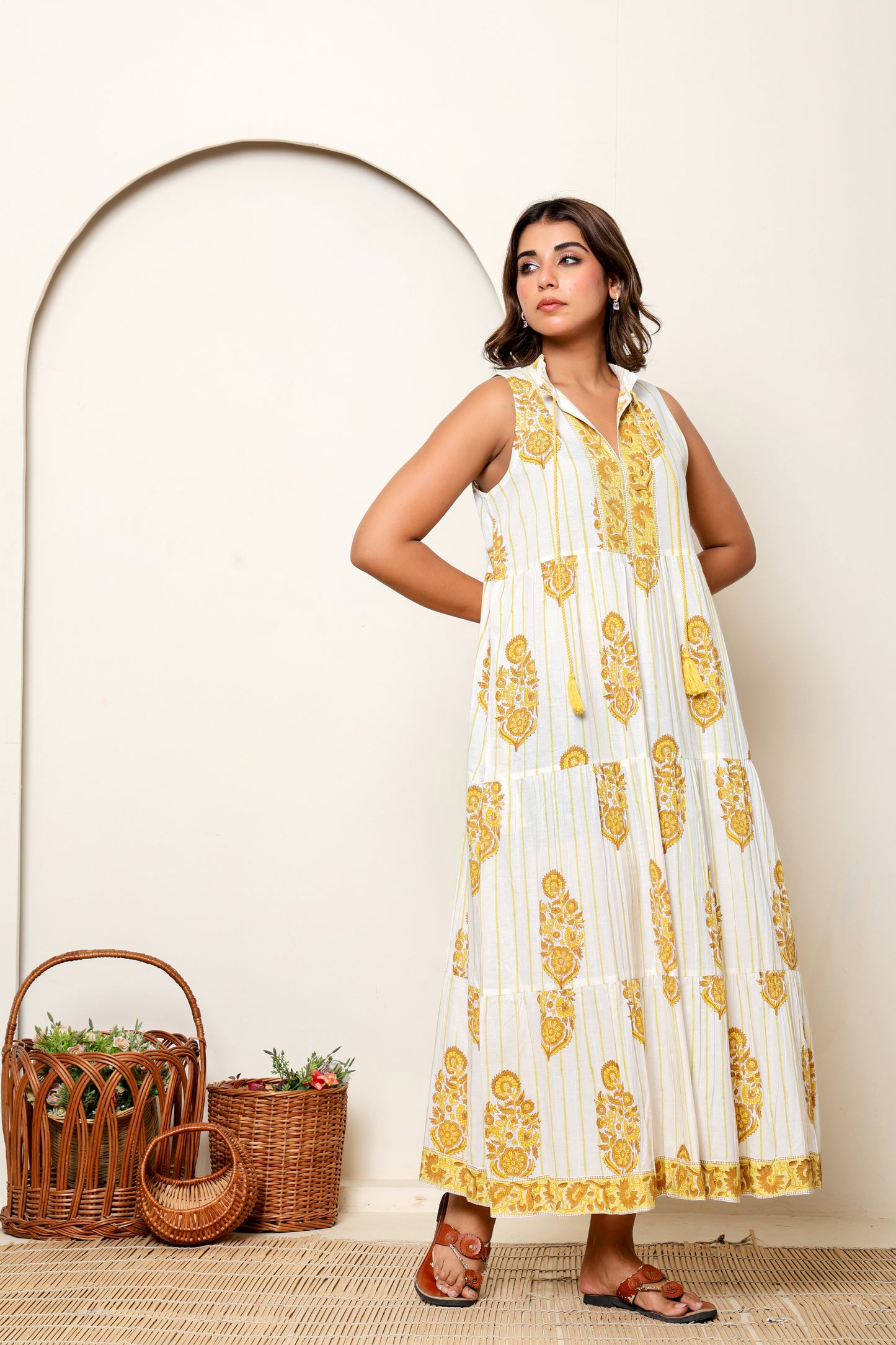 Yellow Floral Hand Block Printed Sleeveless Cotton Maxi Dress – Bohemian Summer Dress with Tiered Design & Pockets