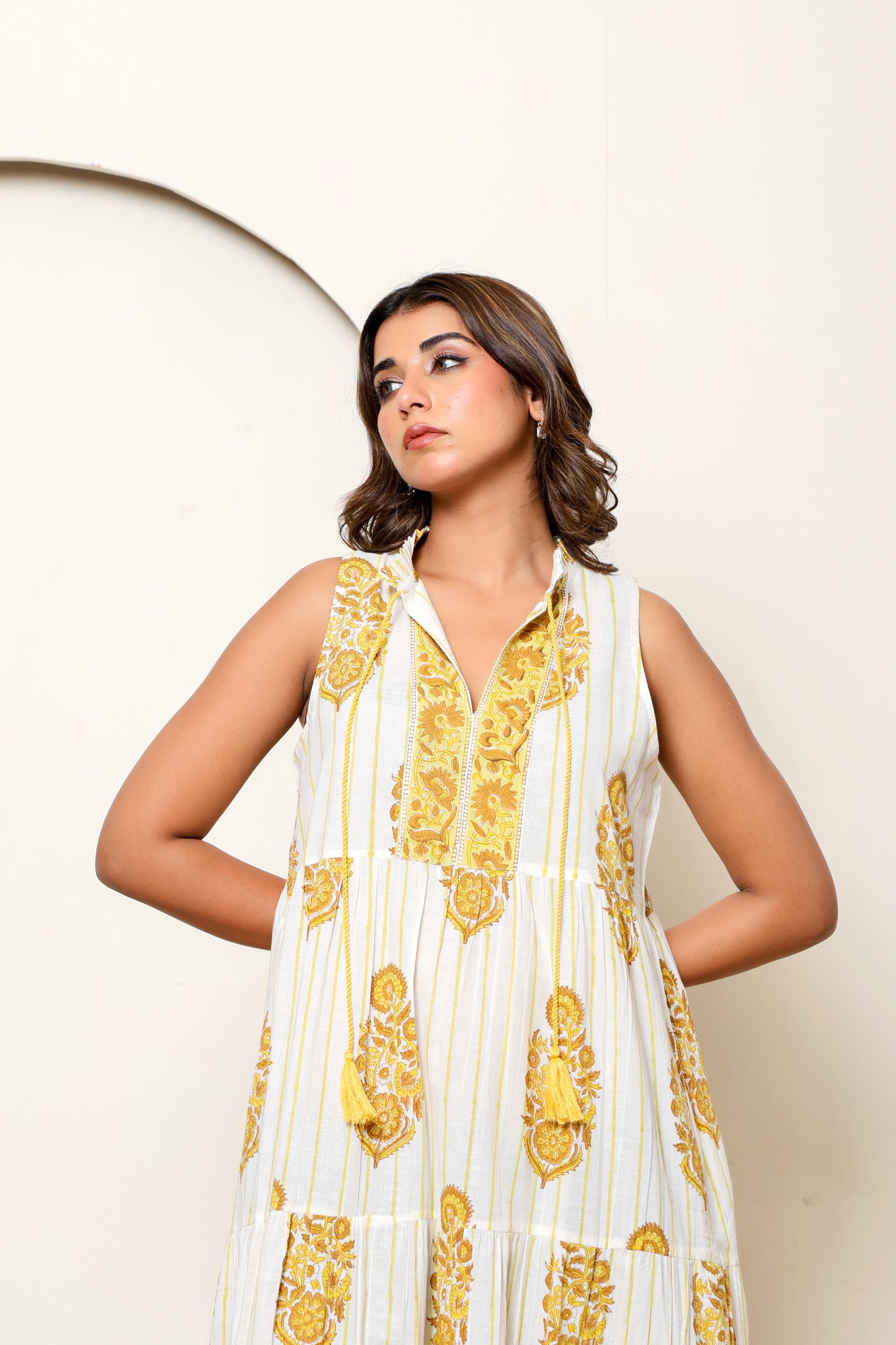 Yellow Floral Hand Block Printed Sleeveless Cotton Maxi Dress – Bohemian Summer Dress with Tiered Design & Pockets