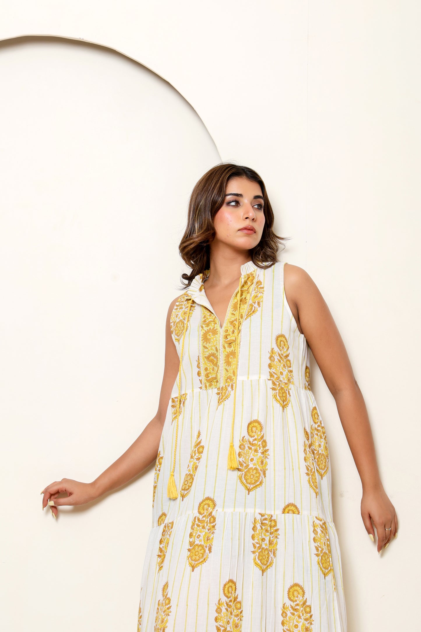 Yellow Floral Hand Block Printed Sleeveless Cotton Maxi Dress – Bohemian Summer Dress with Tiered Design & Pockets
