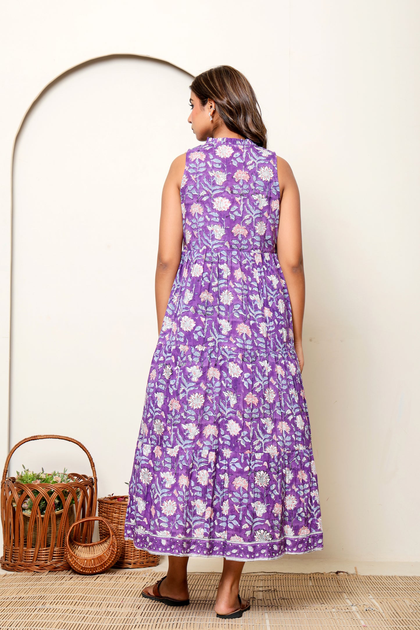 Purple Floral Hand Block Printed Sleeveless Cotton Maxi Dress – Bohemian Summer Dress with Tassel Ties & Pockets