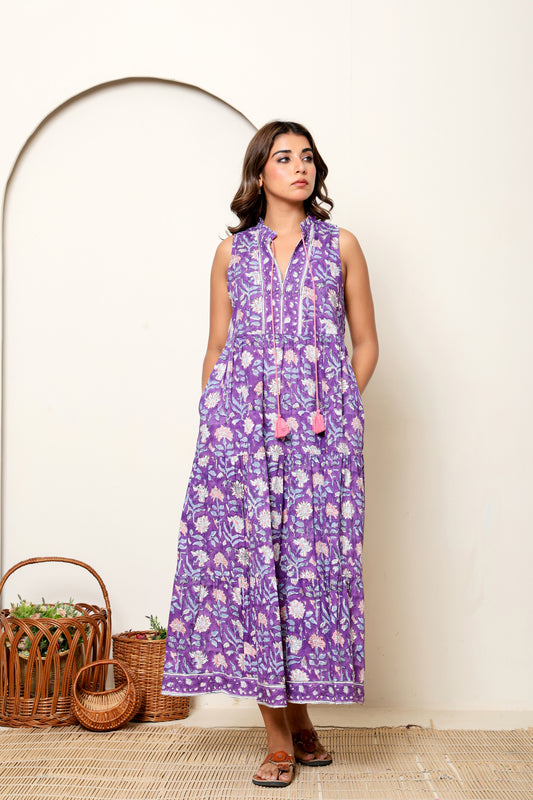 Purple Floral Hand Block Printed Sleeveless Cotton Maxi Dress – Bohemian Summer Dress with Tassel Ties & Pockets