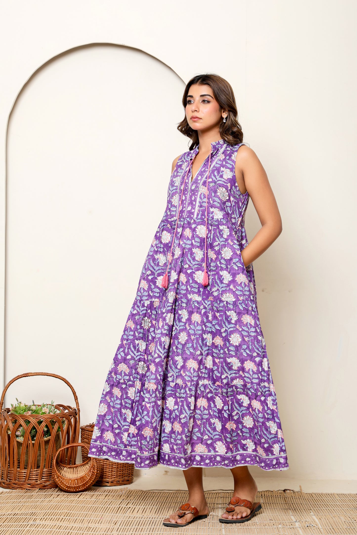 Purple Floral Hand Block Printed Sleeveless Cotton Maxi Dress – Bohemian Summer Dress with Tassel Ties & Pockets
