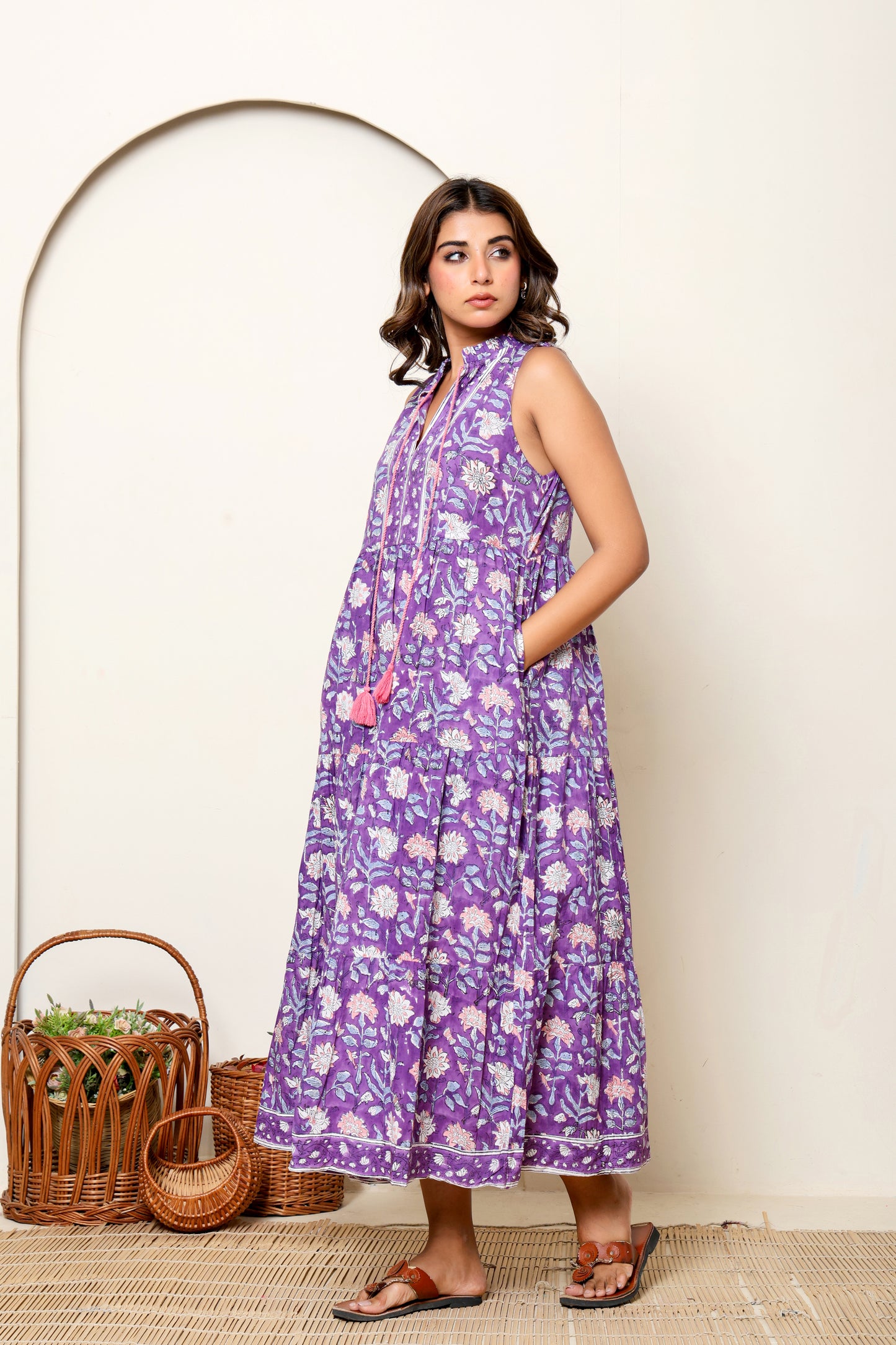Purple Floral Hand Block Printed Sleeveless Cotton Maxi Dress – Bohemian Summer Dress with Tassel Ties & Pockets