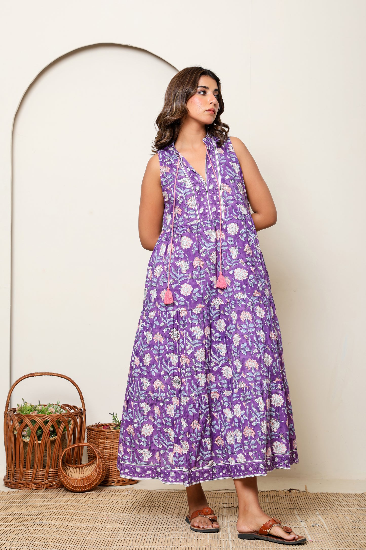 Purple Floral Hand Block Printed Sleeveless Cotton Maxi Dress – Bohemian Summer Dress with Tassel Ties & Pockets