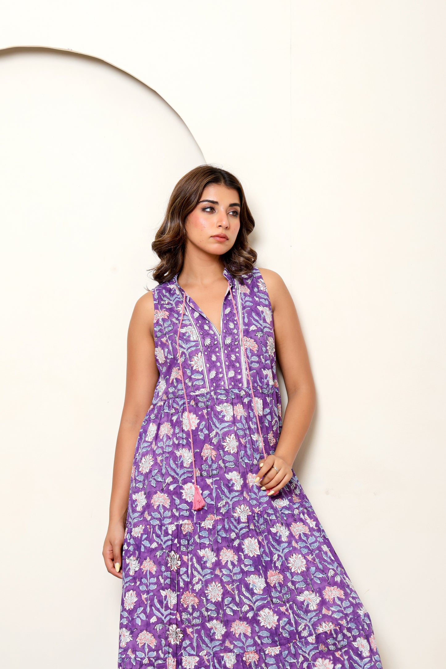 Purple Floral Hand Block Printed Sleeveless Cotton Maxi Dress – Bohemian Summer Dress with Tassel Ties & Pockets