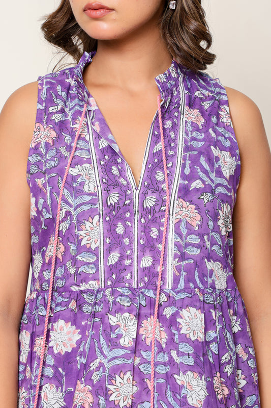 Purple Floral Hand Block Printed Sleeveless Cotton Maxi Dress – Bohemian Summer Dress with Tassel Ties & Pockets