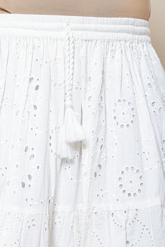 White Cotton Eyelet Embroidered Maxi Skirt – Bohemian Long Skirt with Tiered Design