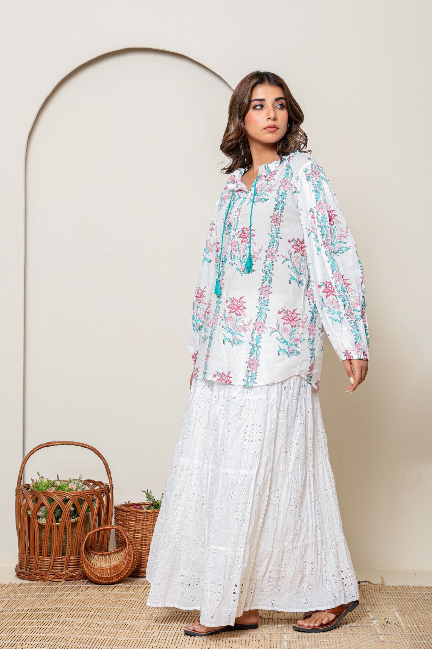 White & Pink Floral Hand Block Printed Cotton Blouse – Long Sleeve Bohemian Top with Tassel Tie Neck