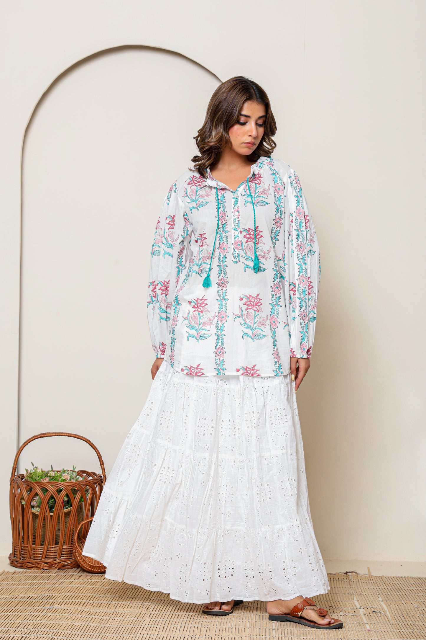 White & Pink Floral Hand Block Printed Cotton Blouse – Long Sleeve Bohemian Top with Tassel Tie Neck