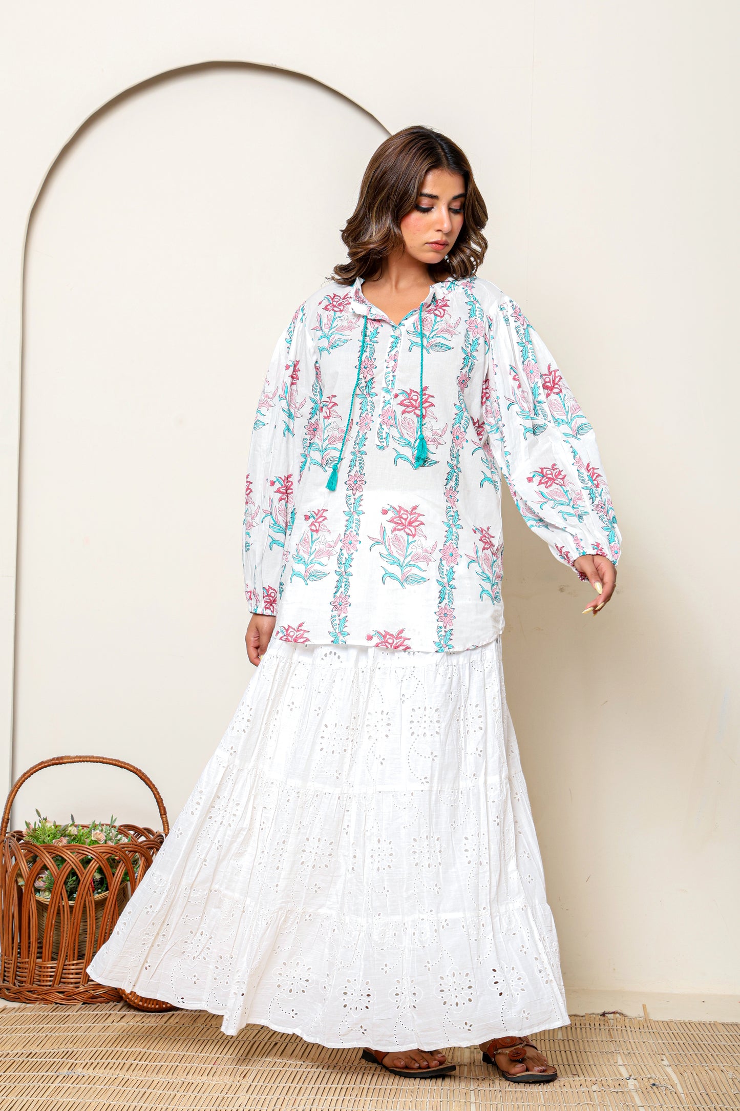 White & Pink Floral Hand Block Printed Cotton Blouse – Long Sleeve Bohemian Top with Tassel Tie Neck