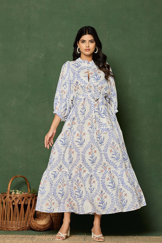 Blue Floral Hand Block Printed Cotton Maxi Dress – Belted Long Dress with Puff Sleeves & Keyhole Neckline