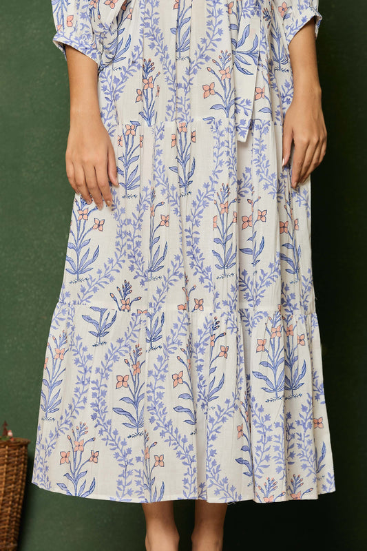 Blue Floral Hand Block Printed Cotton Maxi Dress – Belted Long Dress with Puff Sleeves & Keyhole Neckline