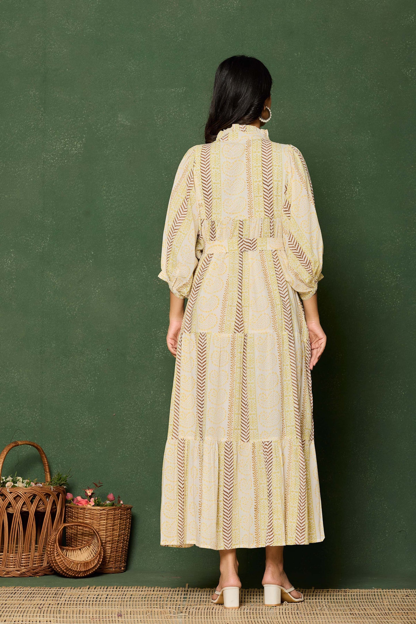 Yellow Brown Striped Hand Block Printed Maxi Dress – Belted Cotton Dress with Keyhole Neck & Puff Sleeves