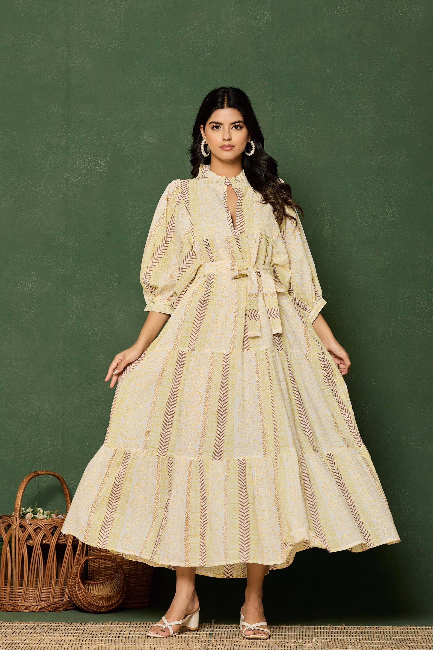 Yellow Brown Striped Hand Block Printed Maxi Dress – Belted Cotton Dress with Keyhole Neck & Puff Sleeves