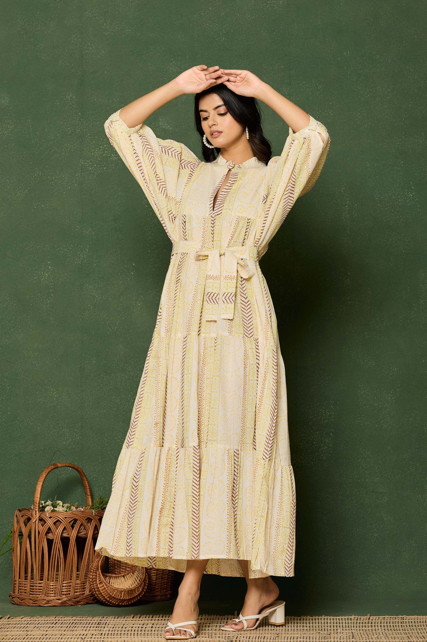 Yellow Brown Striped Hand Block Printed Maxi Dress – Belted Cotton Dress with Keyhole Neck & Puff Sleeves