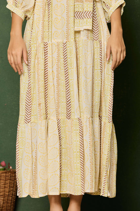 Yellow Brown Striped Hand Block Printed Maxi Dress – Belted Cotton Dress with Keyhole Neck & Puff Sleeves