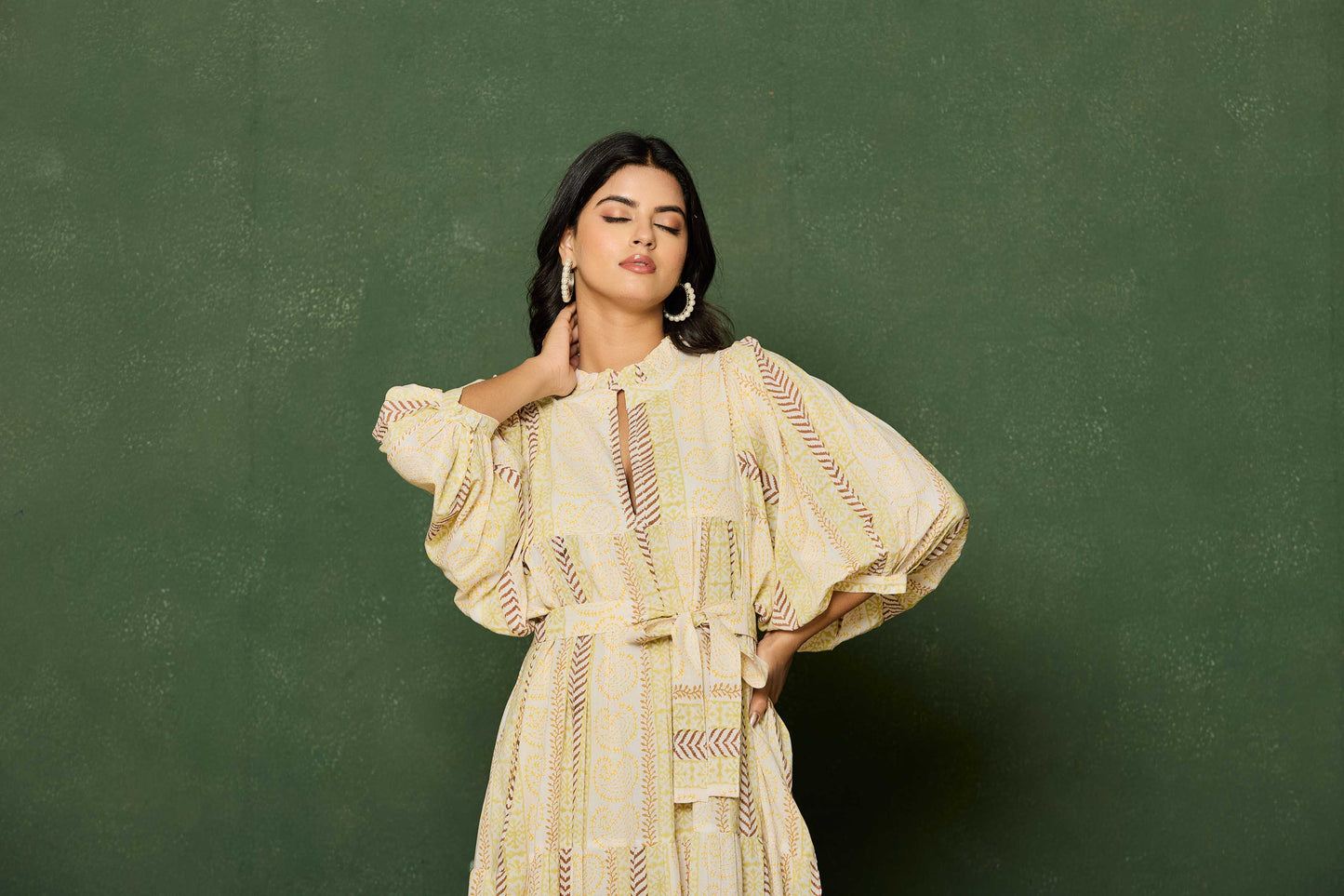 Yellow Brown Striped Hand Block Printed Maxi Dress – Belted Cotton Dress with Keyhole Neck & Puff Sleeves