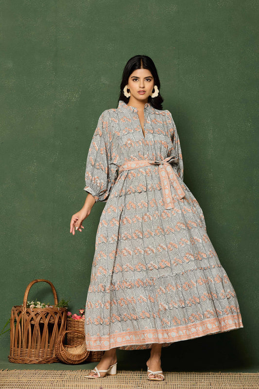 Grey Peach Floral Hand Block Printed Cotton Maxi Dress – Belted Long Dress with Puff Sleeves & V-Slit Neckline