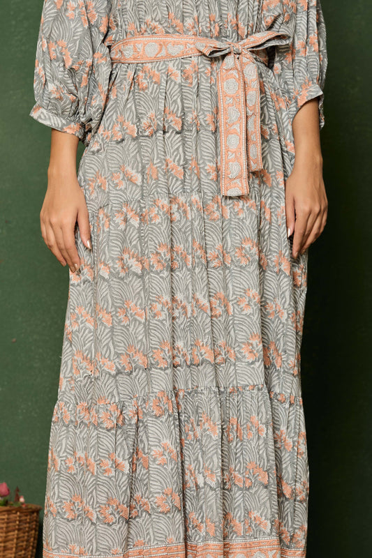 Grey Peach Floral Hand Block Printed Cotton Maxi Dress – Belted Long Dress with Puff Sleeves & V-Slit Neckline