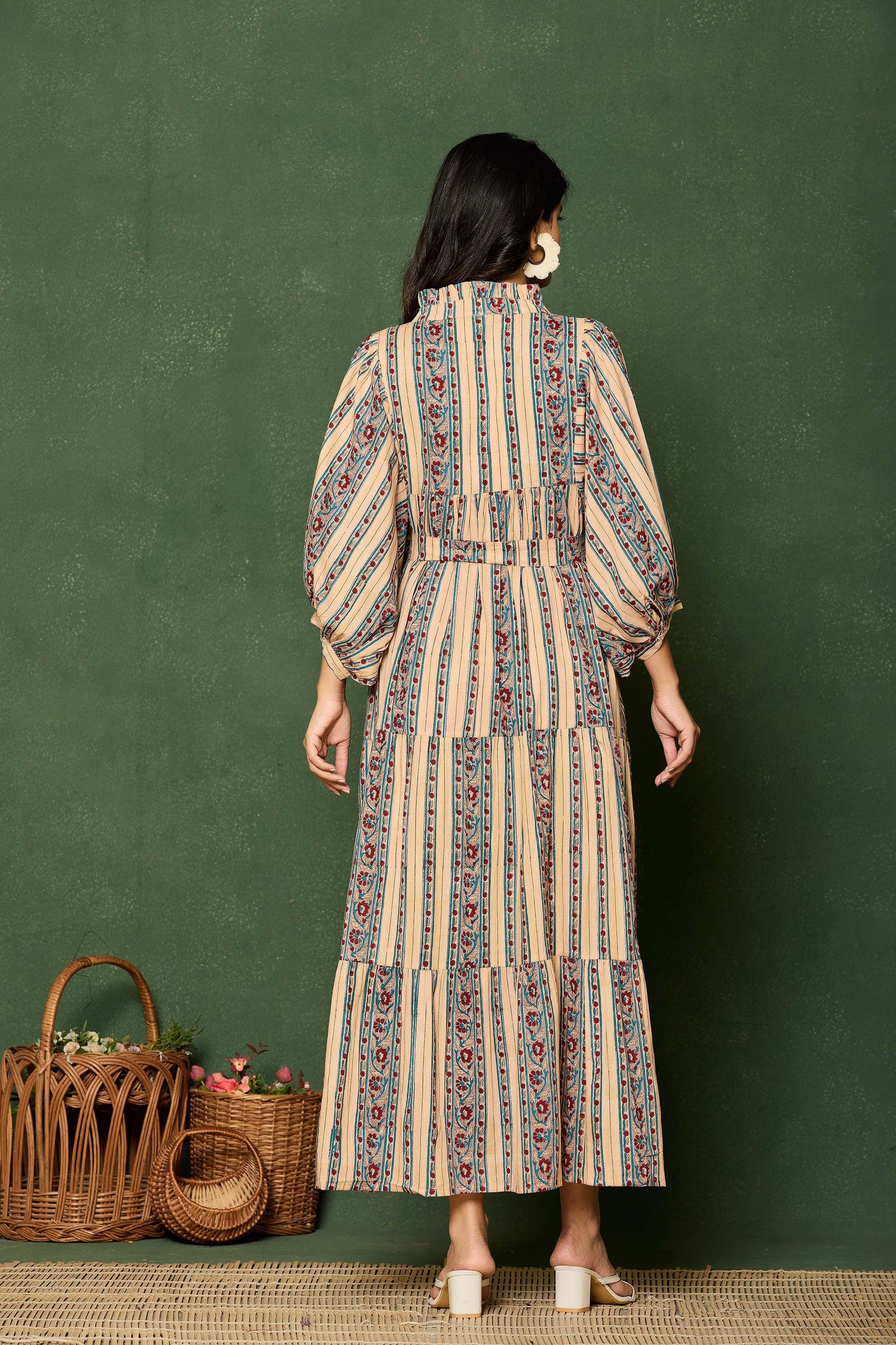 Beige Multicolor Striped Hand Block Printed Maxi Dress – Cotton Belted Dress with V-Neck & Puff Sleeves