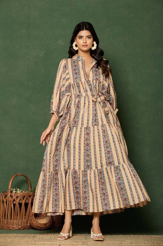 Beige Multicolor Striped Hand Block Printed Maxi Dress – Cotton Belted Dress with V-Neck & Puff Sleeves