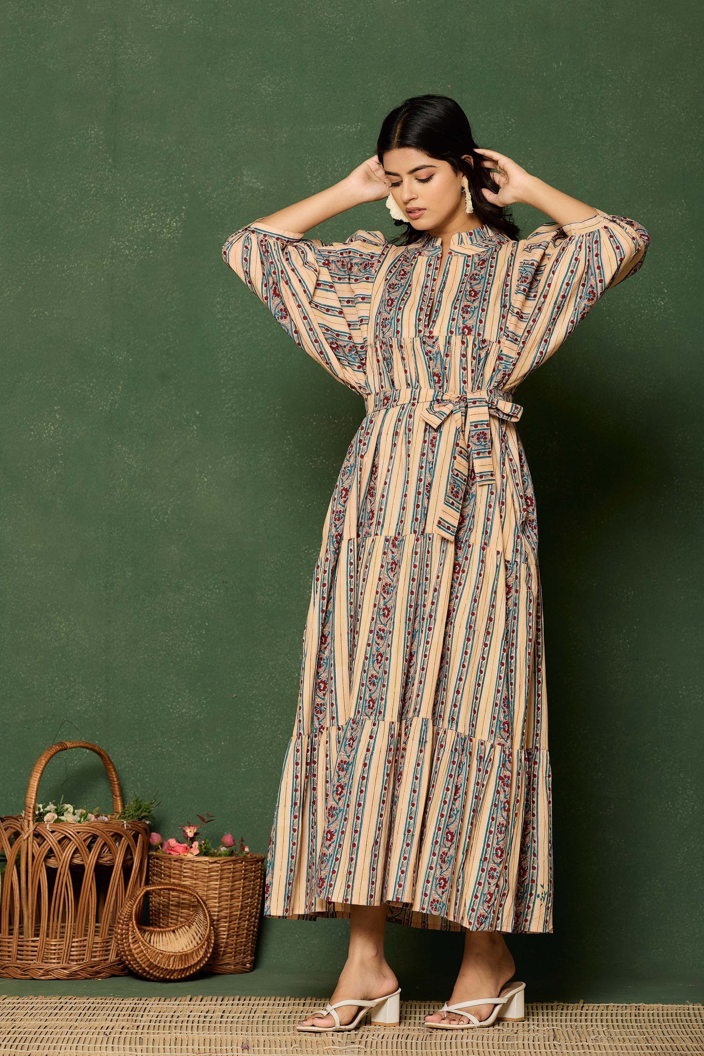 Beige Multicolor Striped Hand Block Printed Maxi Dress – Cotton Belted Dress with V-Neck & Puff Sleeves