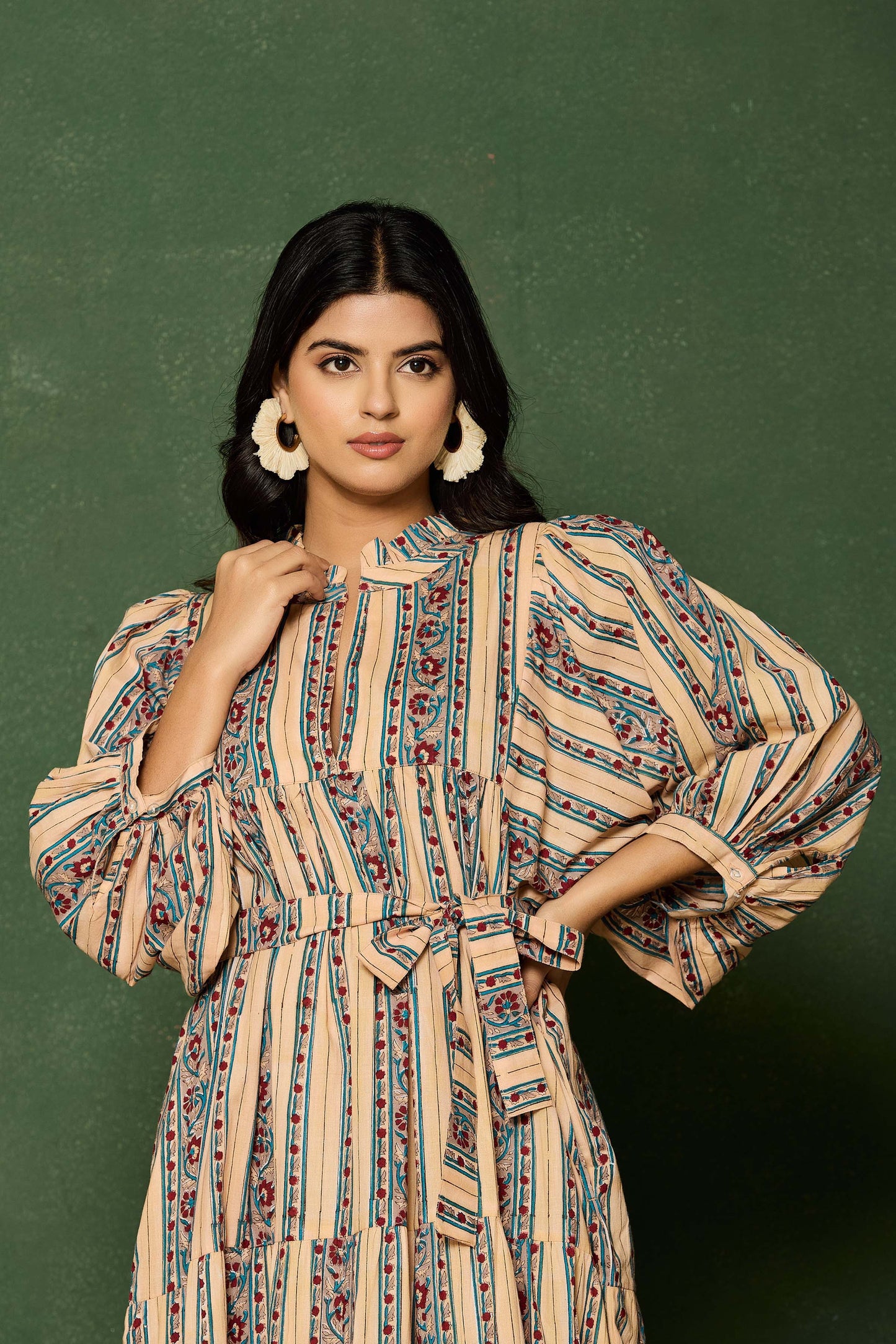 Beige Multicolor Striped Hand Block Printed Maxi Dress – Cotton Belted Dress with V-Neck & Puff Sleeves