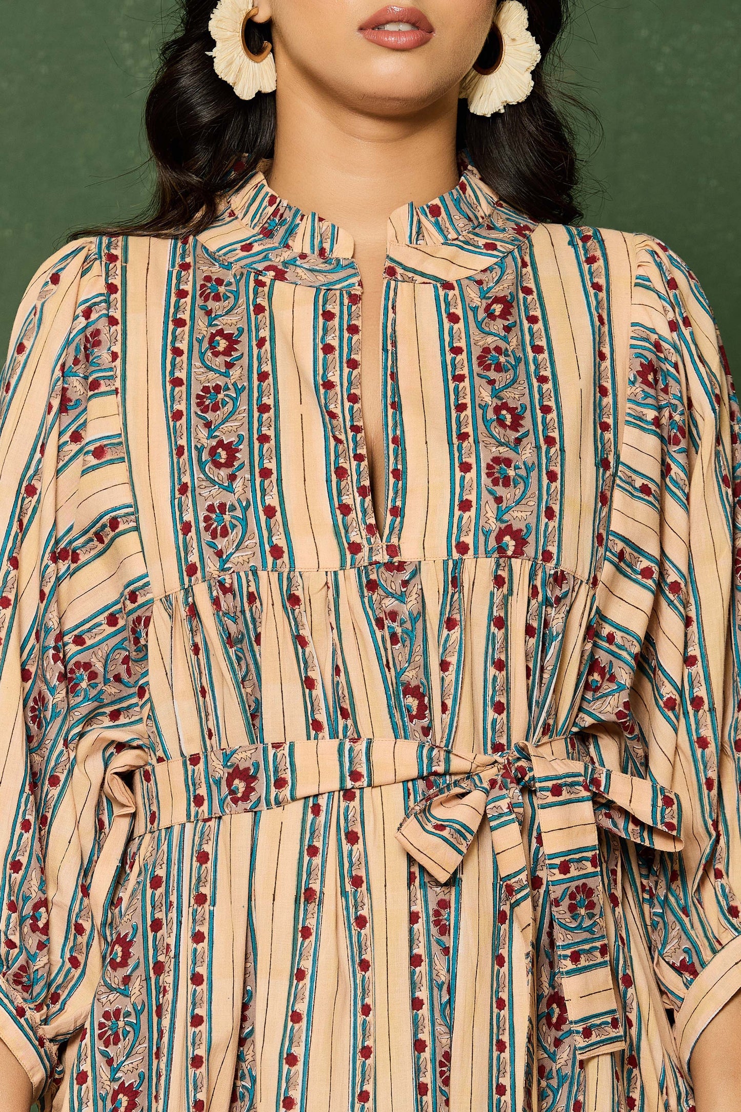 Beige Multicolor Striped Hand Block Printed Maxi Dress – Cotton Belted Dress with V-Neck & Puff Sleeves