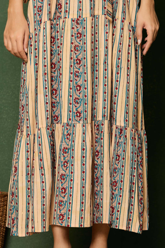 Beige Multicolor Striped Hand Block Printed Maxi Dress – Cotton Belted Dress with V-Neck & Puff Sleeves