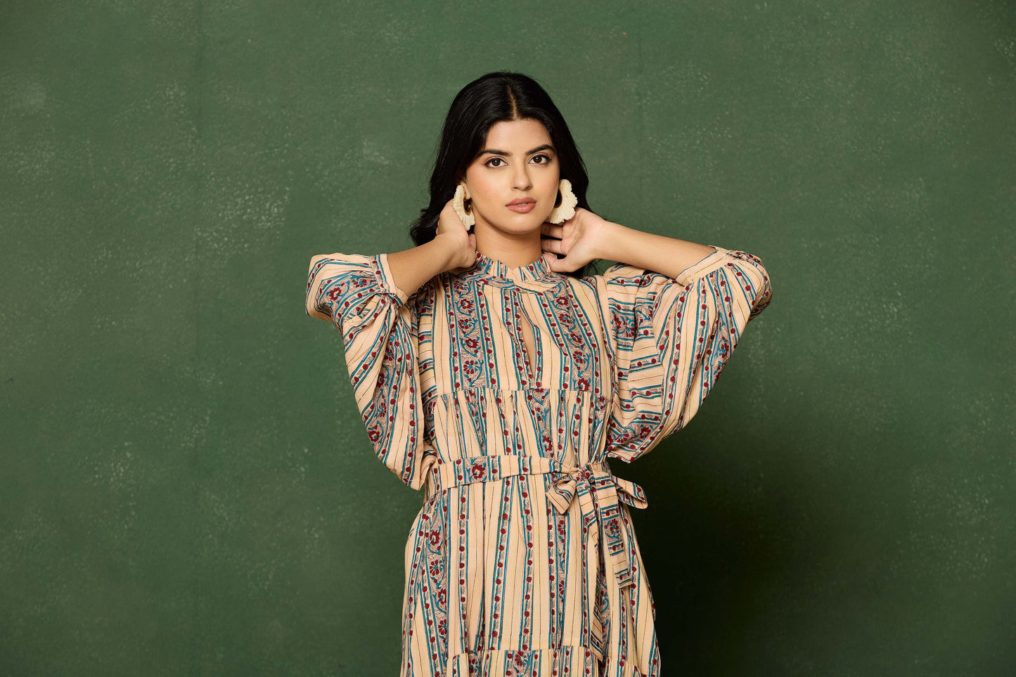 Beige Multicolor Striped Hand Block Printed Maxi Dress – Cotton Belted Dress with V-Neck & Puff Sleeves