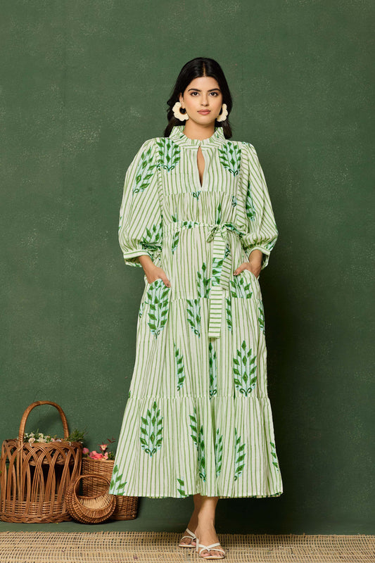 Green Leaf Hand Block Printed Cotton Maxi Dress – Striped Belted Dress with Keyhole Neck & Puff Sleeves