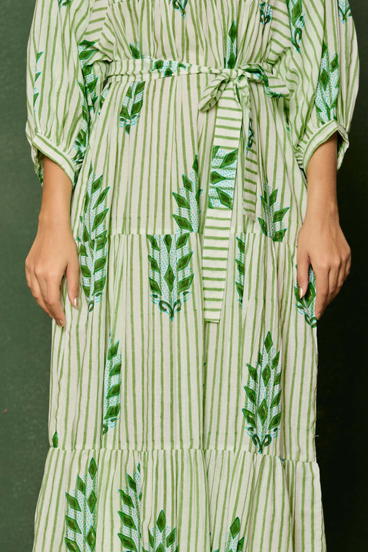 Green Leaf Hand Block Printed Cotton Maxi Dress – Striped Belted Dress with Keyhole Neck & Puff Sleeves