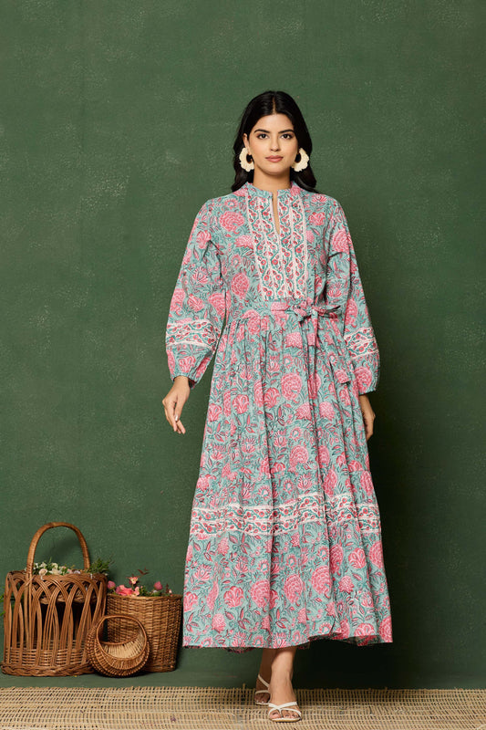 Teal Pink Floral Hand Block Printed Cotton Maxi Dress – Long Sleeve Belted Dress with Embroidered Yoke & Tiered Hem