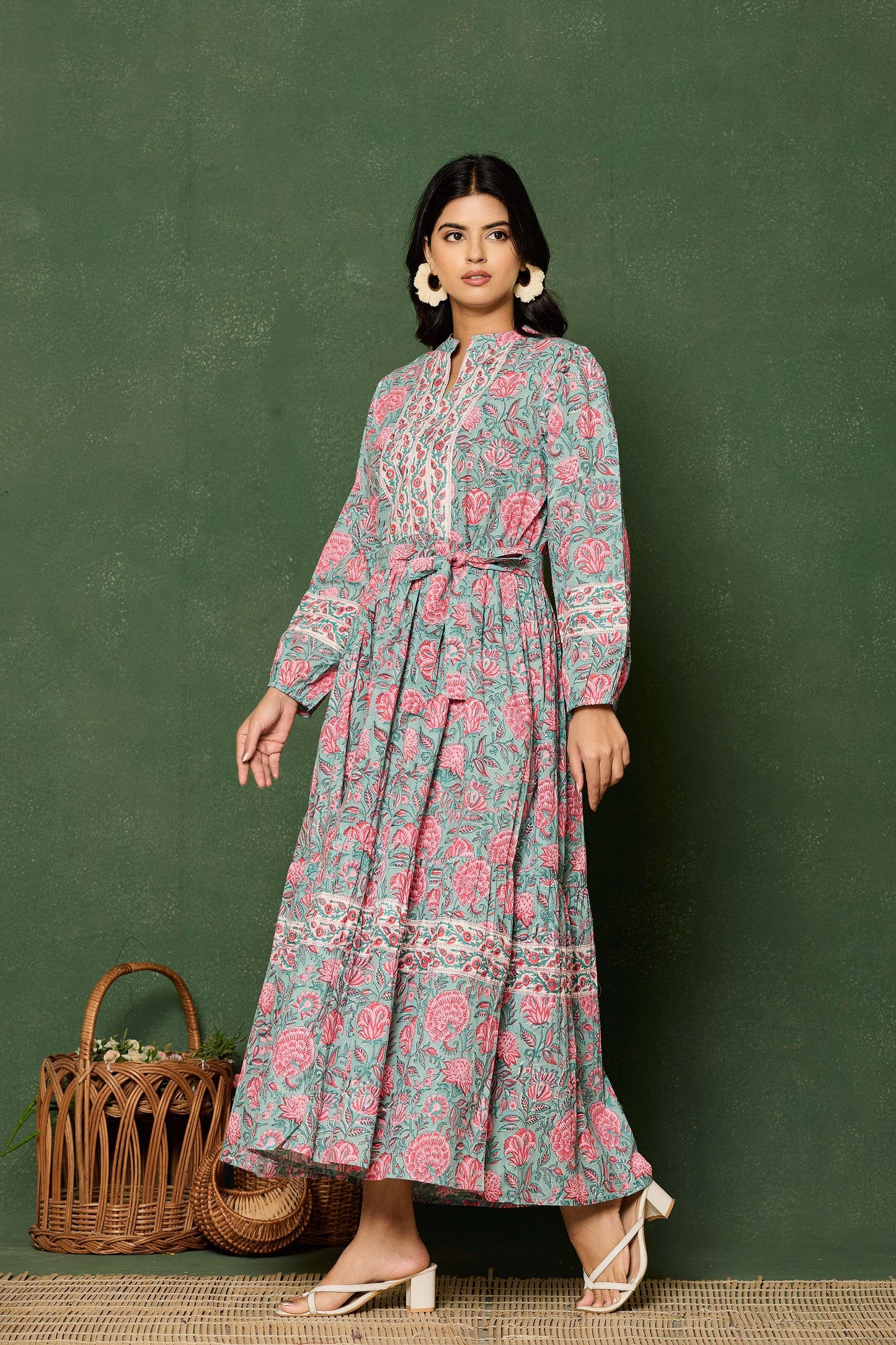 Teal Pink Floral Hand Block Printed Cotton Maxi Dress – Long Sleeve Belted Dress with Embroidered Yoke & Tiered Hem