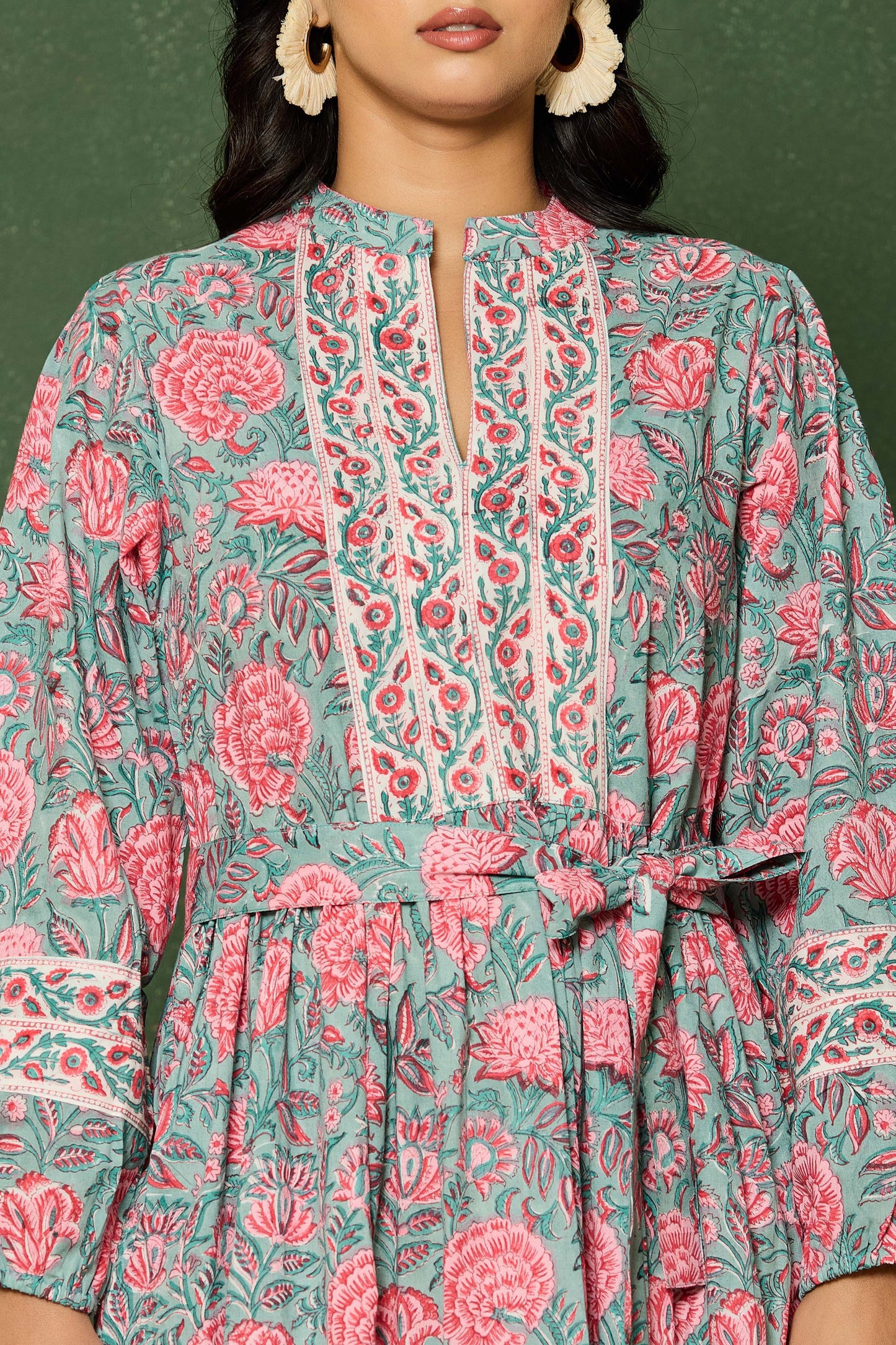 Teal Pink Floral Hand Block Printed Cotton Maxi Dress – Long Sleeve Belted Dress with Embroidered Yoke & Tiered Hem