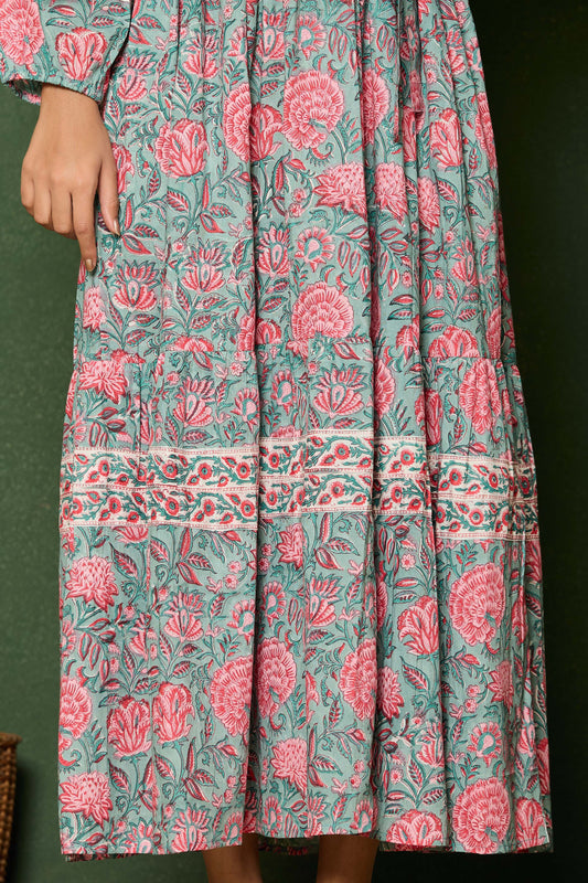 Teal Pink Floral Hand Block Printed Cotton Maxi Dress – Long Sleeve Belted Dress with Embroidered Yoke & Tiered Hem