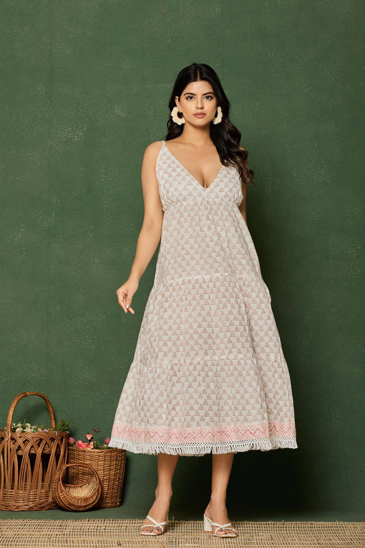 Sleeveless V-Neck Cotton Midi Dress – Hand Block Printed Dress with Lace Hem in Blush Tones