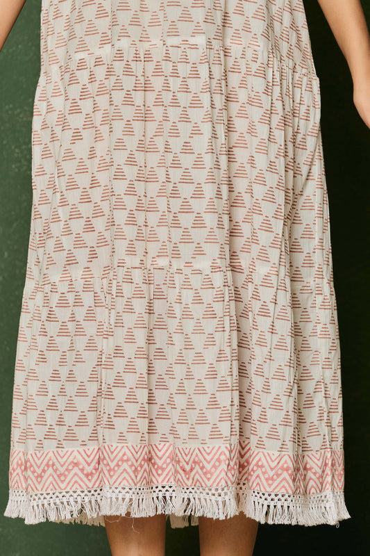 Sleeveless V-Neck Cotton Midi Dress – Hand Block Printed Dress with Lace Hem in Blush Tones