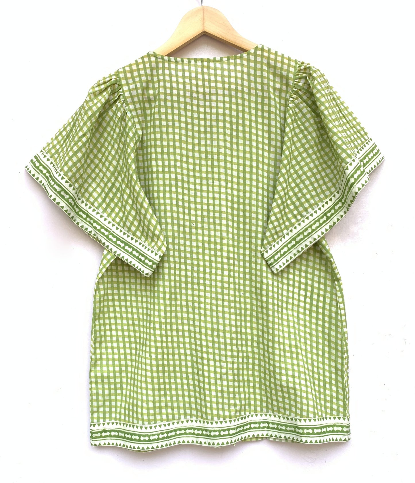 green plaid cotton blouse with v neck and short sleeves
