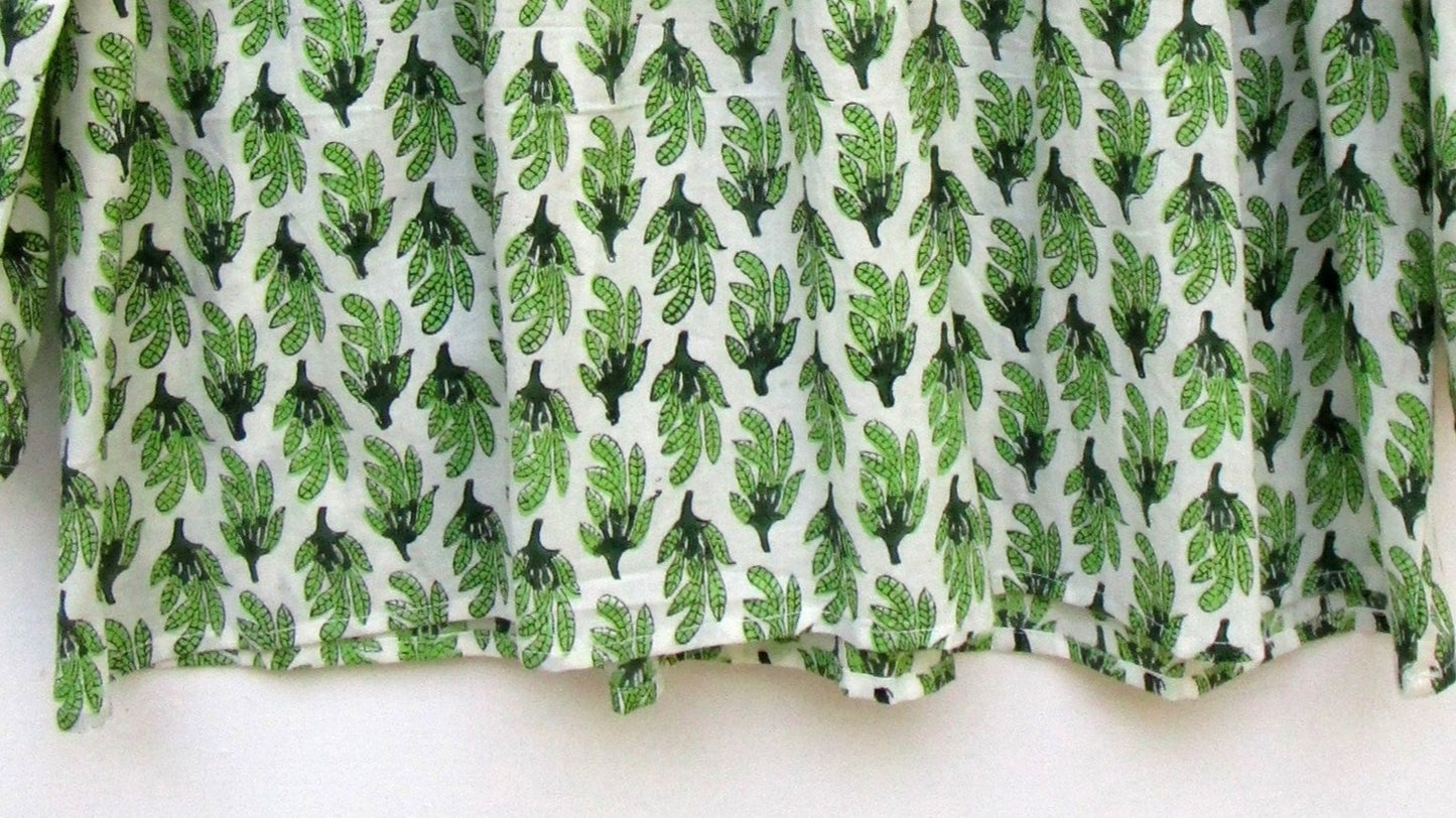 green block printed womens blouse with tassels