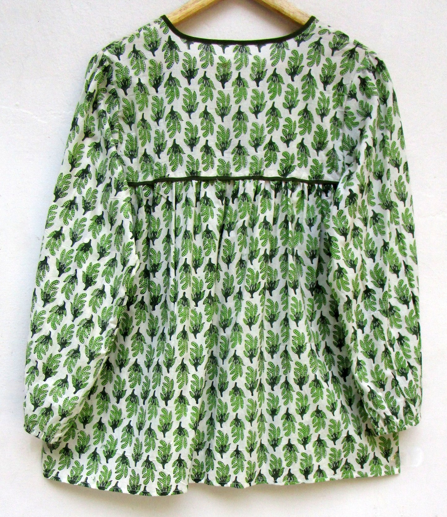 green block printed womens blouse with tassels