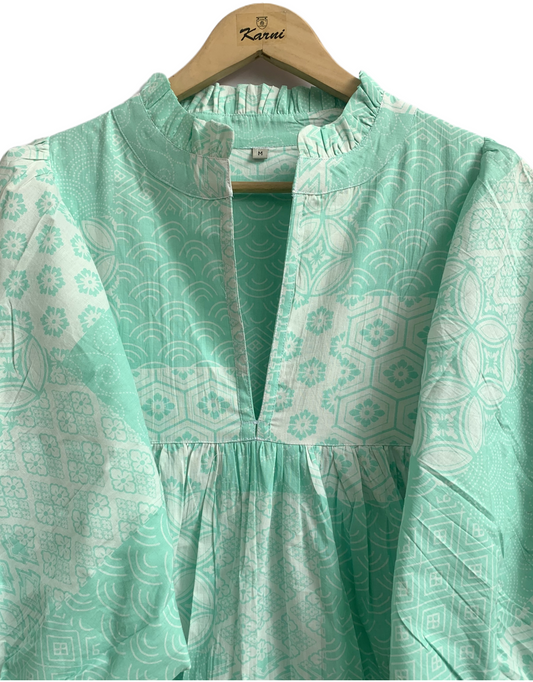 Mint Green Geometric Screen Printed Cotton Dress – Puff Sleeve Boho Tiered Midi Dress