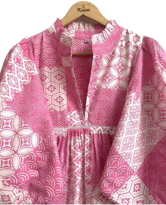 Pink Geometric Patchwork Screen Printed Cotton Dress – Puff Sleeve Boho Tiered Midi Dress